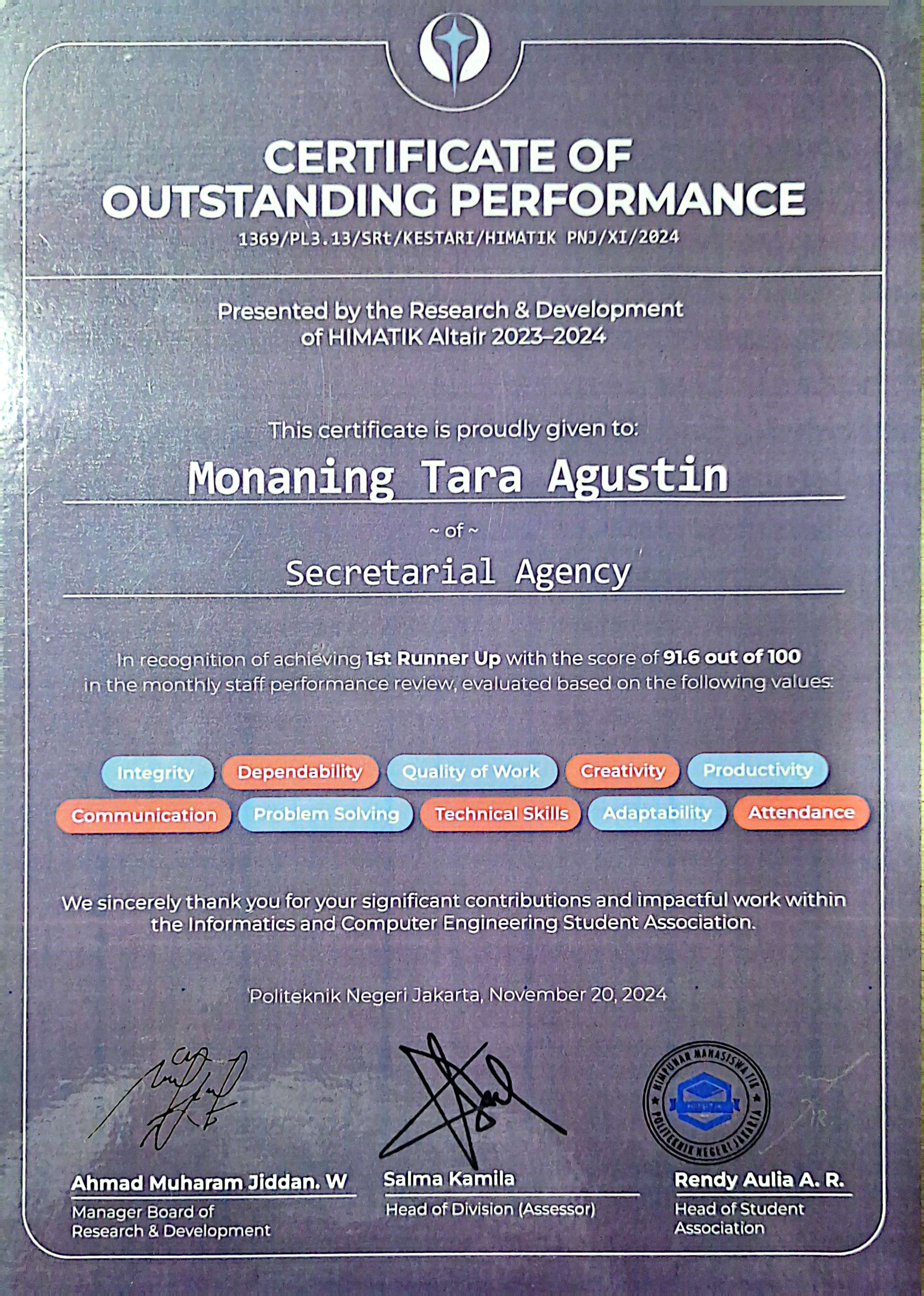 1st Runner-Up Staff of the Month